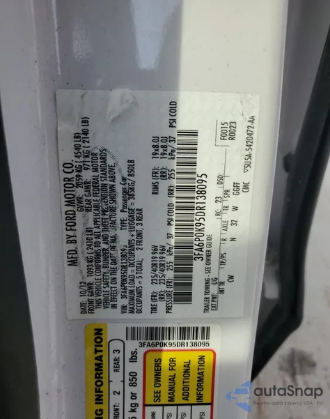 2013 Ford Fusion Titanium z USA, uszkodzony, nr VIN 3FA6P0K95DR138095